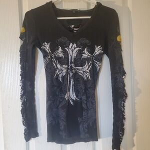 Y2K Black Long Sleeve Graphic Top With Cross and Intricate Design, Hood, Custom